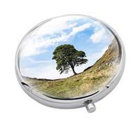 Sycamore Gap Tree Design Round Silver Handbag Mirror Presented in a Gift Organza Bag