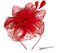 SycloPak Women Fascinator Hat with Headband Clip Ribbon Floral Mesh Feather Headwear for Weddings,Red Fascinator,Tea Parties Cocktails Vintage 1920s Hair Accessory for Girls