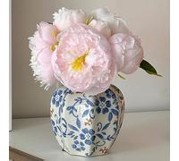 SYDDOL Peonies Artificial Flowers in Vase, Real Touch Silk Peony Flower Bouquet with Porcelain Vase, Faux Flowers Arrangement for Bride Bouquet, Table Centerpiece, Home and Restaurant Decor
