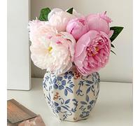 SYDDOL Peonies Artificial Flowers in Vase, Silk Peony Flower Bouquet with Porcelain Vase, Faux Flowers Arrangement That Look Real for Bride Bouquet, Table Centerpiece, Home and Restaurant Decor