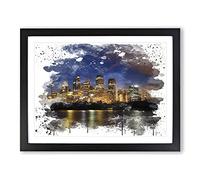 Sydney Australia Skyline at Night V3 Modern Framed Wall Art Print, Ready to Hang Picture for Living Room Bedroom Home Office Décor, Black A4 (34 x 25 cm)