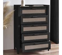Sydney Chest - 5 Drawer - Black and Faux Rattan