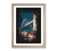 Sydney Harbour Bridge Australia Abstract Paint Splash Modern Framed Wall Art Print, Ready to Hang Picture for Living Room Bedroom Home Office Décor, Oak A4 (34 x 25 cm)