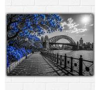 Sydney Harbour Bridge Poster A3 - Sydney Australia Wall Art Print - Black & White Cityscape with Blue Blossom Trees