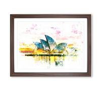 Sydney Opera House At Sunset Watercolour Modern Framed Print | A2 Walnut Framed Wall Art | Ready to Hang | Modern Landscape Picture | Living Room Bedroom Lounge Office