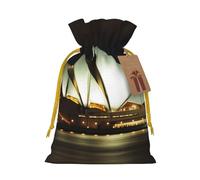 Sydney Opera House Printed Christmas Drawstring Bags Reusable Xmas Bag for Party Xmas Gift Wrapping, Yellow Ribbon, S