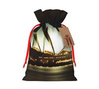 Sydney Opera House Printed Christmas Drawstring Bags Reusable Xmas Bag for Party Xmas Gift Wrapping, Red Ribbon, S