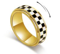 SYDNFZY Checkered Fidget Ring for Men - 8mm 18K Gold Plated Stainless Steel Anxiety Spinner Jewelry for Adults, Modern Black and White Checkerboard Roating Ring for Stress Relief Gift for Men Women