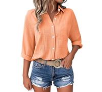 SYDUZAX Casual Shirts for Women UK,Ladies Button Down Blouses 3/4 Sleeve Elegant Casual Loose Tunic Tops Lightweight Shirt Long Length Turndown Collar Blouse Plus Size Tee T Shirts Orange