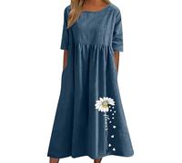 SYDUZAX Cotton Linen Dresses for Women UK Spring and Summer Casual Short Sleeved Dress Ladies Dresses Sale Loose Elegant Midi Calf Length Dress Round Neck Plus Size Dress Ladies Beach Boho Dress