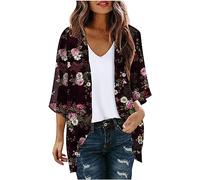 SYDUZAX Kimono Cardigans for Women Puff Sleeve Chiffon Lightweight Summer Cardigan Jacket Floral Print Sheer Shrug Top 3/4 Sleeve Open Front Swim Beach Cover up Beachwear Elegant Longline Cardigan