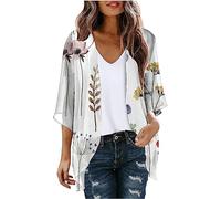 SYDUZAX Kimono Cardigans for Women Puff Sleeve Chiffon Lightweight Summer Cardigan Jacket Floral Print Sheer Shrug Top 3/4 Sleeve Open Front Swim Beach Cover up Beachwear Elegant Longline Cardigan