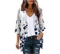 SYDUZAX Kimono Cardigans for Women Puff Sleeve Chiffon Lightweight Summer Cardigan Jacket Floral Print Sheer Shrug Top 3/4 Sleeve Open Front Swim Beach Cover up Beachwear Elegant Longline Cardigan