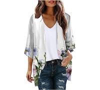 SYDUZAX Kimono Cardigans for Women Puff Sleeve Chiffon Lightweight Summer Cardigan Jacket Floral Print Sheer Shrug Top 3/4 Sleeve Open Front Swim Beach Cover up Beachwear Elegant Longline Cardigan