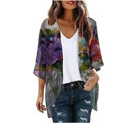 SYDUZAX Kimono Cardigans for Women Puff Sleeve Chiffon Lightweight Summer Cardigan Jacket Floral Print Sheer Shrug Top 3/4 Sleeve Open Front Swim Beach Cover up Beachwear Elegant Longline Cardigan