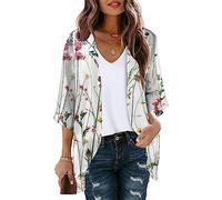 SYDUZAX Kimono Cardigans for Women Puff Sleeve Chiffon Lightweight Summer Cardigan Jacket Floral Print Sheer Shrug Top 3/4 Sleeve Open Front Swim Beach Cover up Beachwear Elegant Longline Cardigan