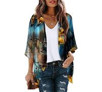 SYDUZAX Kimono Cardigans for Women Puff Sleeve Chiffon Lightweight Summer Cardigan Jacket Floral Print Sheer Shrug Top 3/4 Sleeve Open Front Swim Beach Cover up Beachwear Elegant Longline Cardigan