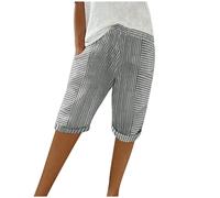 SYDUZAX Linen Bermuda Shorts for Women Elastic High Waisted Drawstring Knee Length Shorts Striped Patchwork Loose Casual Capris Pants Summer Sport Beach Holiday Shorts with Pocket Today Deals