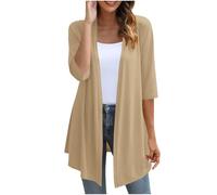 SYDUZAX Long Cardigans for Women UK 3/4 Sleeve Waterfall Cardigan Lightweight Soft Drape Open Front Casual Jacket Solid Color Loose Long Length Fall Outwear Coat 2025 Trendy Tops Beige