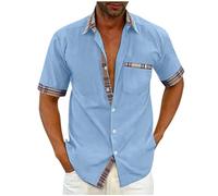 SYDUZAX Short Sleeved Shirts for Men Smart Casual Shirt Lapel Collar Button Down Regular Fit Business Formal Shirt Color Block Blouse Office Casual Shirt Summer Tshirts Plus Size 22 Light Blue