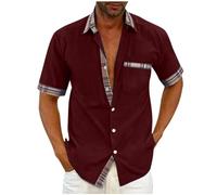 SYDUZAX Short Sleeved Shirts for Men Smart Casual Shirt Lapel Collar Button Down Regular Fit Business Formal Shirt Color Block Blouse Office Casual Shirt Summer Tshirts Plus Size 22 Wine