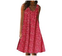 SYDUZAX Summer Dresses for Women UK Casual Loose Sun Dresses Plus Size Boho Beach Sundress Vintage Floral Print Sleeveless Dress Holiday Party Dress O-Neck Elegant Dresses Baggy Flowy Tank Dress Red