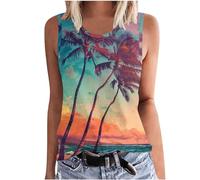 SYDUZAX Tank Tops for Women UK Printed Round Neck Sleeveless Vest Tops Sunset Palm Trees Graphic T-Shirts Hawaiian Holiday Vests Going Out Loose Fit Blouse Tunic Ladies Tee Tops