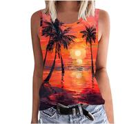 SYDUZAX Tank Tops for Women UK Printed Round Neck Sleeveless Vest Tops Sunset Palm Trees Graphic T-Shirts Hawaiian Holiday Vests Going Out Loose Fit Blouse Tunic Ladies Tee Tops