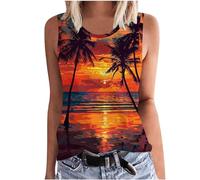 SYDUZAX Tank Tops for Women UK Printed Round Neck Sleeveless Vest Tops Sunset Palm Trees Graphic T-Shirts Hawaiian Holiday Vests Going Out Loose Fit Blouse Tunic Ladies Tee Tops