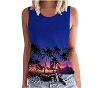 SYDUZAX Tank Tops for Women UK Printed Round Neck Sleeveless Vest Tops Sunset Palm Trees Graphic T-Shirts Hawaiian Holiday Vests Going Out Loose Fit Blouse Tunic Ladies Tee Tops