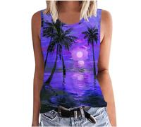 SYDUZAX Tank Tops for Women UK Printed Round Neck Sleeveless Vest Tops Sunset Palm Trees Graphic T-Shirts Hawaiian Holiday Vests Going Out Loose Fit Blouse Tunic Ladies Tee Tops