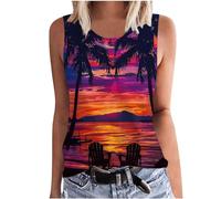 SYDUZAX Tank Tops for Women UK Printed Round Neck Sleeveless Vest Tops Sunset Palm Trees Graphic T-Shirts Hawaiian Holiday Vests Going Out Loose Fit Blouse Tunic Ladies Tee Tops