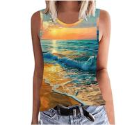SYDUZAX Tank Tops for Women UK Printed Round Neck Sleeveless Vest Tops Sunset Palm Trees Graphic T-Shirts Hawaiian Holiday Vests Going Out Loose Fit Blouse Tunic Ladies Tee Tops