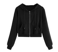 SYDUZAX Women Cropped Hoodie Solid Long Sleeve Zipper Jacket Hooded Sweatshirt Black White Hoodies Casual Plain Zip Up Jumper Drawstring Sweatshirts Hoody Casual Long Sleeve Crop Tops for Teens Girls