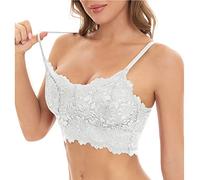 SYDUZAX Women Lace Bralette Sexy Camisole Bras V Neck Padded Bralette Beauty Back Longline Bra Comfort Sleeping Bra Wireless Crop Vest Top Floral Underwear Corset with Straps for Ladies Girls White