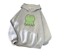 SYDUZAX Women Pullover Hoodie UK Long Sleeve Cartoon Cute Sweatshirt Teens Girls Hoodie Frog Print Kawaii Fleece Hooded Tops Casual Ladies Jumper Sweater with Front Pockets S-XXXL Gray