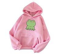 SYDUZAX Women Pullover Hoodie UK Sale Clearance Long Sleeve Cartoon Cute Sweatshirt Teens Girls Hoodie Frog Print Kawaii Fleece Hooded Tops Casual Ladies Jumper Sweater with Front Pockets S-XXXL Pink