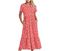 SYDUZAX Women Summer Dresses Short Sleeve Baggy Midi Dress with Pockets Round Neck Casual Loose Calf Length Flowy Swing Dress Sun Dresses Ladies Elegant Summer Vacation Holiday Beach Dresses UK