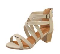 SYDUZAX Womens Block Heel Ankle Strap Sandals Crossover Open Toe Roman Sandals Strappy Mid Heels Buckle Sandals Hollow Out Back Zipper Black Sandals Summer Casual Shoes for Everday Wear