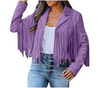 SYDUZAX Womens Cardigans Tassels Cropped Long Sleeve Open Front Coats Faux Suede Leather Jacket Ethnic Style Fringe Coat Ladies Solid Casual Cardigan Lapel Collar Western Motorcycle Jacket