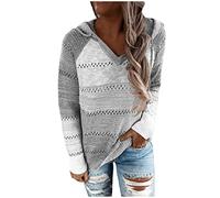 SYDUZAX Womens Jumper Stripe Colour Block Long Sleeve Hoodies for Women UK Sale Clearance Hooded Jumpers Knit Sweater Tops Soft Stretch Winter Autumn Fashion Casual Hooded Tops Ladies Sweatshirt Gray