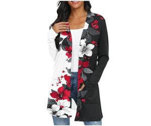 SYDUZAX Women's Long Cardigans Lightweight Casual Longline Coats Loose Autumn Spring Open Front Tops Pockets Long Sleeve Jacket Elegant Long Length Outerwear No Button Printed Cover Ups S-XXL