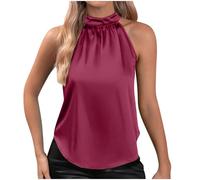 SYDUZAX Womens Silk Satin Tank Tops Halter Neck Button Vest Casual Sleeveless Camisole Elegant Party Blouses Off the Shoulder Summer Tops Basic Tank Work Shirt Solid Plain T-Shirt Tunic