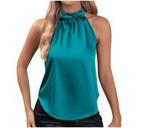 SYDUZAX Womens Silk Satin Tank Tops Halter Neck Button Vest Casual Sleeveless Camisole Elegant Party Blouses Off the Shoulder Summer Tops Basic Tank Work Shirt Solid Plain T-Shirt Tunic