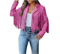 SYDUZAX Womens Tassels Cropped Cardigans Long Sleeve Open Front Coats Faux Suede Leather Jacket Ethnic Style Fringe Coat Ladies Solid Casual Cardigan Lapel Collar Western Motorcycle Jacket