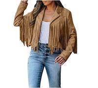 SYDUZAX Womens Tassels Cropped Cardigans Long Sleeve Open Front Coats Faux Suede Leather Jacket Ethnic Style Fringe Coat Ladies Solid Casual Cardigan Lapel Collar Western Motorcycle Jacket