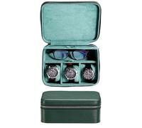 SYENS Real Leather Watch Box Mens Travel Case with Glasses Storage Compartment, Top-Grain Genuine Leather 3 Watches Carrying Box | Watch Travel Roll Zipper Closure (3+1GR)