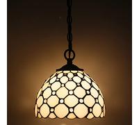SYETL Small Tiffany Pendant Light Stained Glass Plug in Hanging Lamp 8 Inch Adjustable Height Hanging Chandelier Pendant Fixture for Home Kitchen Island Dining Room (Cream Pearl Bead Style)