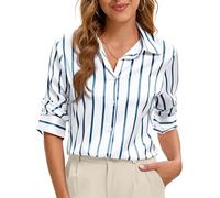 Syewan Premium Soft Breathable Stretch Satin Silk Button Down Shirts for Women Long Sleeve Leopard Blouses Work Dress Tops, Blue Striped, L