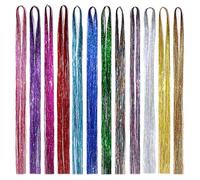 SYEYCW 12 Pieces 2400 Strands Hair Tinsel, 93 cm / 36.6 inch Hair Glitter Strands, Shiny Colorful Straight Hairs Extensions, Accessories for Christmas New Year Halloween Cosplay Party, 12 Colors